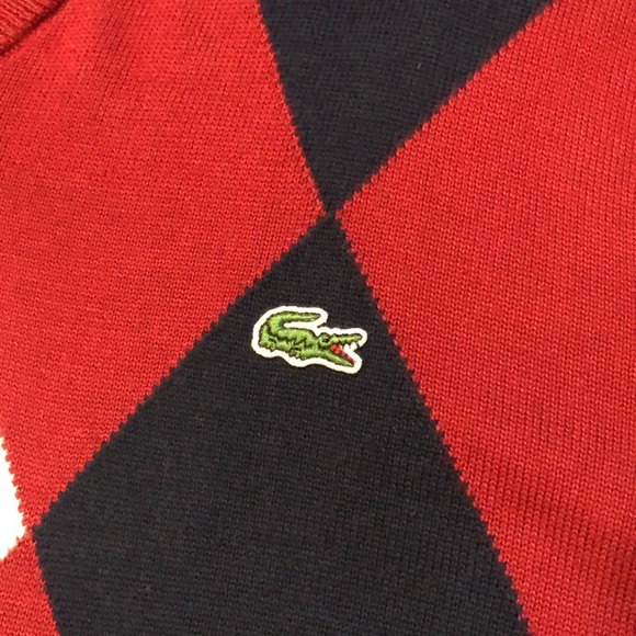 Lacoste mens 5 L large red argyle plaid v neck pull over sweater - Picture 3 of 6